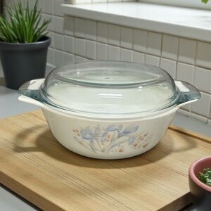 Vintage Pyrex England Blue Iris Round Casserole Dish with Lid